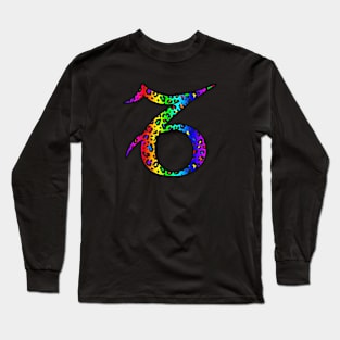 Capricorn Zodiac Horoscope Symbol in Dark Rainbow Leopard Print Long Sleeve T-Shirt